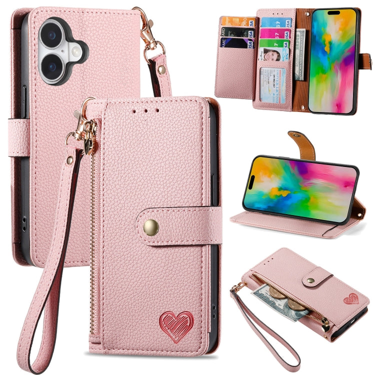 For iPhone 16 Love Zipper Lanyard Leather Phone Case(Pink)