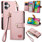 For iPhone 16 Love Zipper Lanyard Leather Phone Case(Pink)