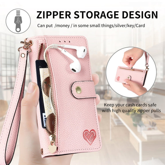 For iPhone 16 Love Zipper Lanyard Leather Phone Case(Pink)