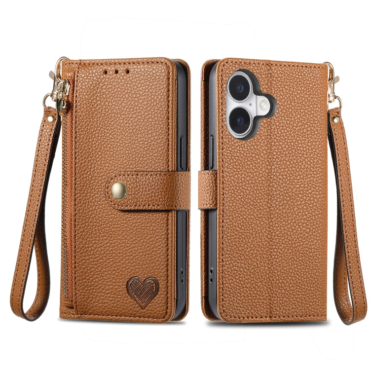 For iPhone 16 Love Zipper Lanyard Leather Phone Case(Brown)