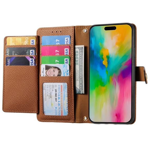 For iPhone 16 Love Zipper Lanyard Leather Phone Case(Brown)