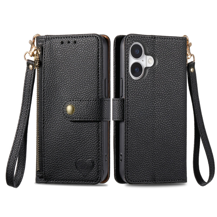 For iPhone 16 Love Zipper Lanyard Leather Phone Case(Black)