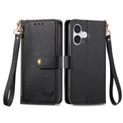 For iPhone 16 Love Zipper Lanyard Leather Phone Case(Black)