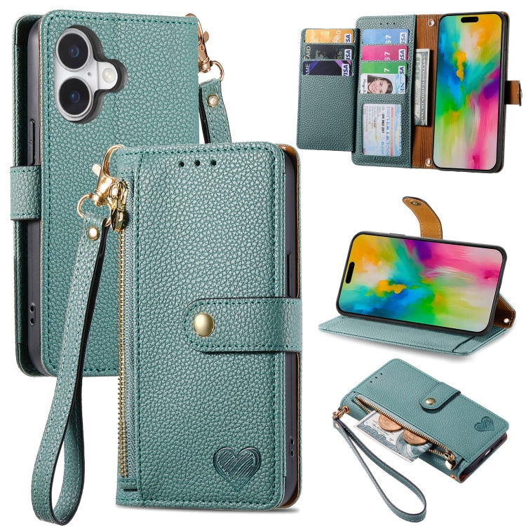 For iPhone 16 Love Zipper Lanyard Leather Phone Case(Green)