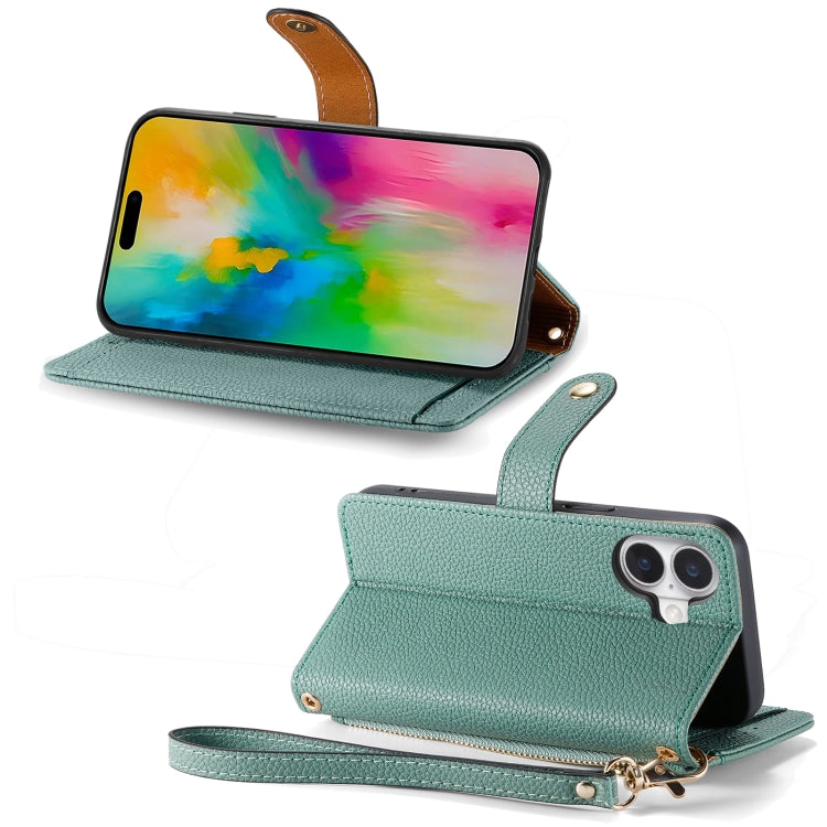 For iPhone 16 Love Zipper Lanyard Leather Phone Case(Green)