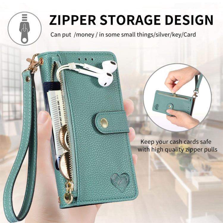 For iPhone 16 Love Zipper Lanyard Leather Phone Case(Green)