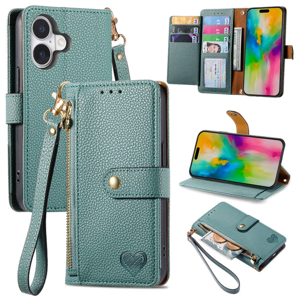 For iPhone 16 Love Zipper Lanyard Leather Phone Case(Green)