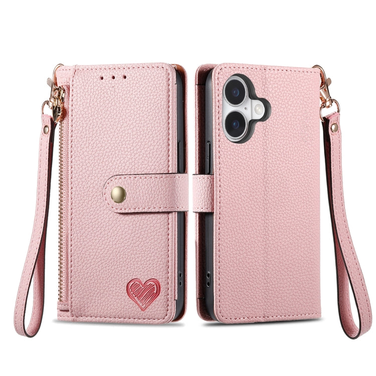 For iPhone 16 Plus Love Zipper Lanyard Leather Phone Case(Pink)