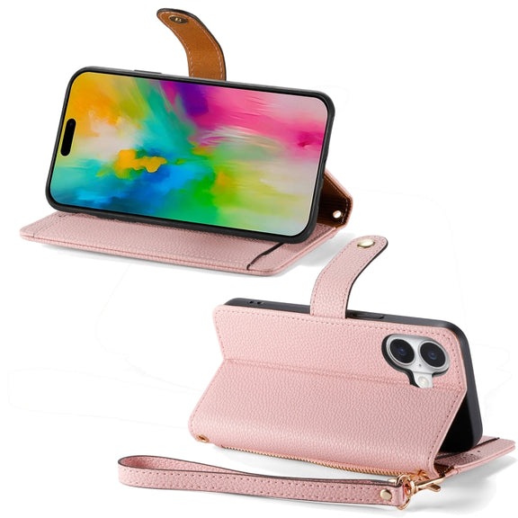 For iPhone 16 Plus Love Zipper Lanyard Leather Phone Case(Pink)