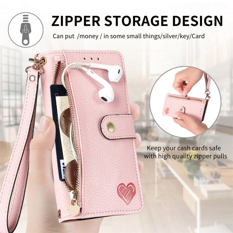 For iPhone 16 Plus Love Zipper Lanyard Leather Phone Case(Pink)