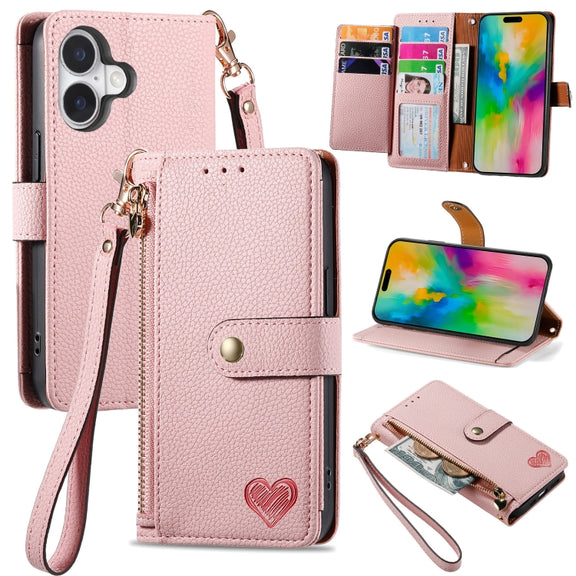 For iPhone 16 Plus Love Zipper Lanyard Leather Phone Case(Pink)