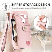 For iPhone 16 Plus Love Zipper Lanyard Leather Phone Case(Pink)