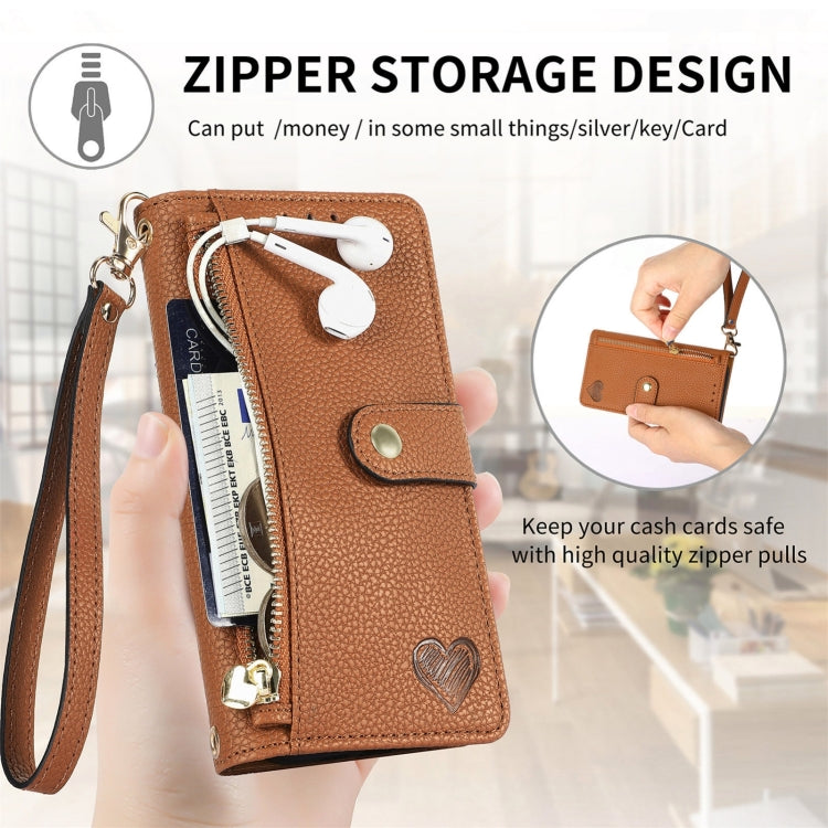 For iPhone 16 Plus Love Zipper Lanyard Leather Phone Case(Brown)