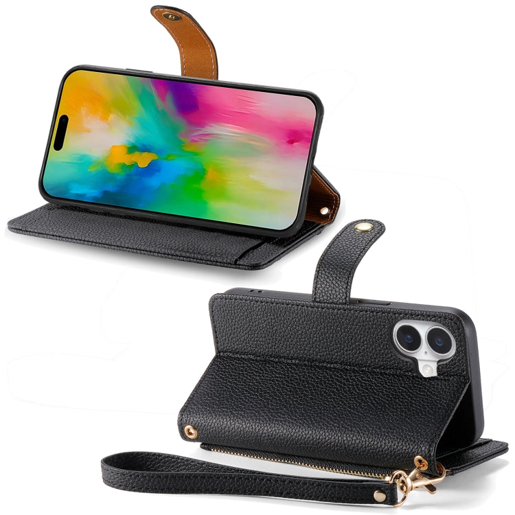 For iPhone 16 Plus Love Zipper Lanyard Leather Phone Case(Black)