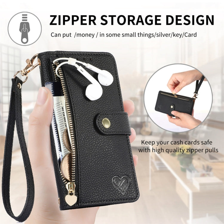 For iPhone 16 Plus Love Zipper Lanyard Leather Phone Case(Black)