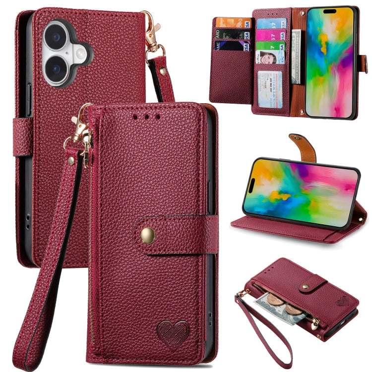 For iPhone 16 Plus Love Zipper Lanyard Leather Phone Case(Red)
