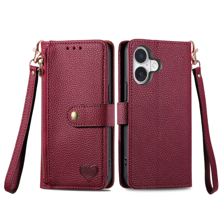 For iPhone 16 Plus Love Zipper Lanyard Leather Phone Case(Red)