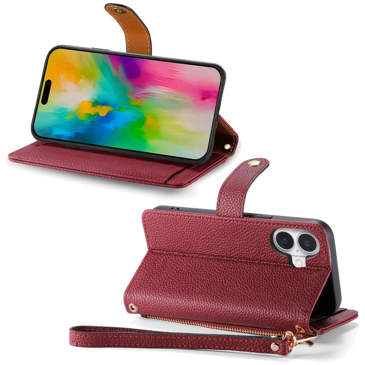 For iPhone 16 Plus Love Zipper Lanyard Leather Phone Case(Red)