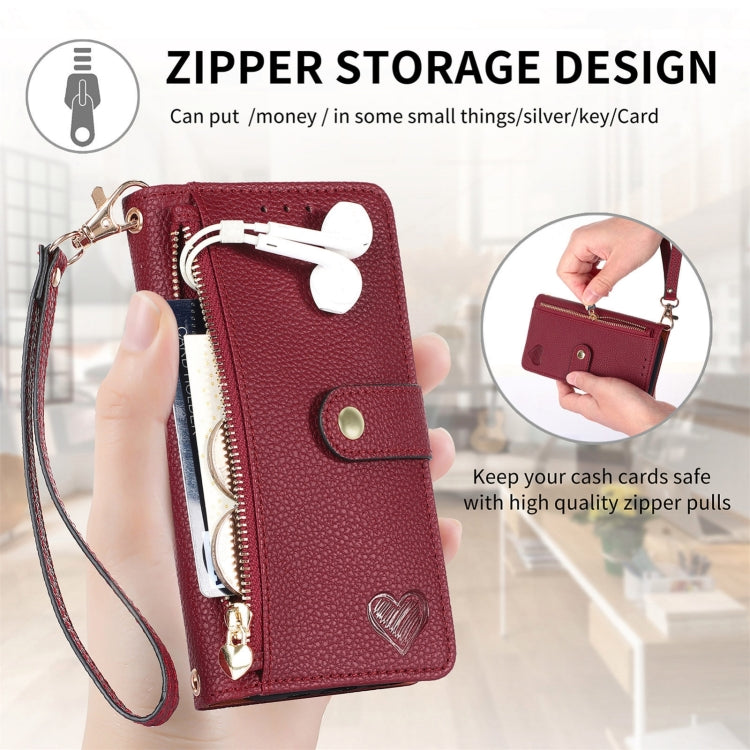 For iPhone 16 Plus Love Zipper Lanyard Leather Phone Case(Red)