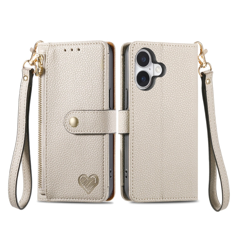For iPhone 16 Plus Love Zipper Lanyard Leather Phone Case(Gray)