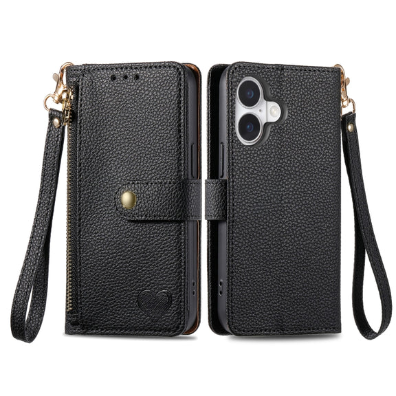 For iPhone 16 Pro Love Zipper Lanyard Leather Phone Case(Black)