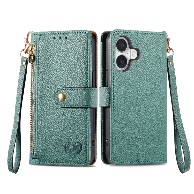 For iPhone 16 Pro Love Zipper Lanyard Leather Phone Case(Green)