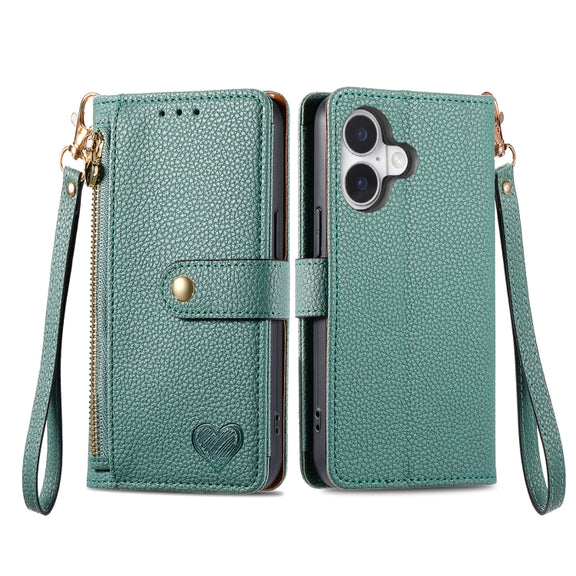 For iPhone 16 Pro Love Zipper Lanyard Leather Phone Case(Green)