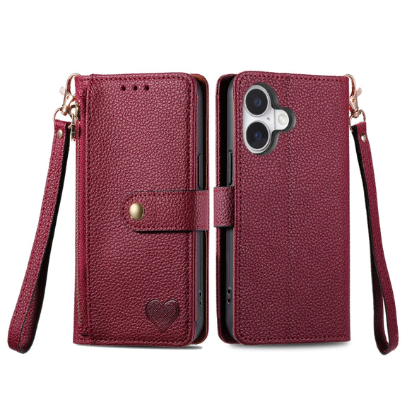 For iPhone 16 Pro Love Zipper Lanyard Leather Phone Case(Red)