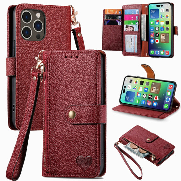 For iPhone 16 Pro Love Zipper Lanyard Leather Phone Case(Red)