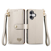 For iPhone 16 Pro Love Zipper Lanyard Leather Phone Case(Gray)