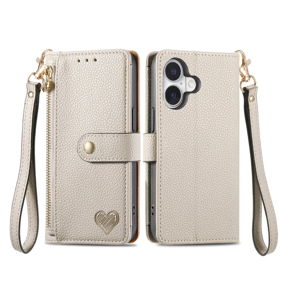 For iPhone 16 Pro Love Zipper Lanyard Leather Phone Case(Gray)