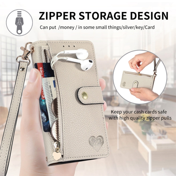 For iPhone 16 Pro Love Zipper Lanyard Leather Phone Case(Gray)