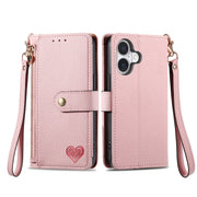 For iPhone 16 Pro Max Love Zipper Lanyard Leather Phone Case(Pink)