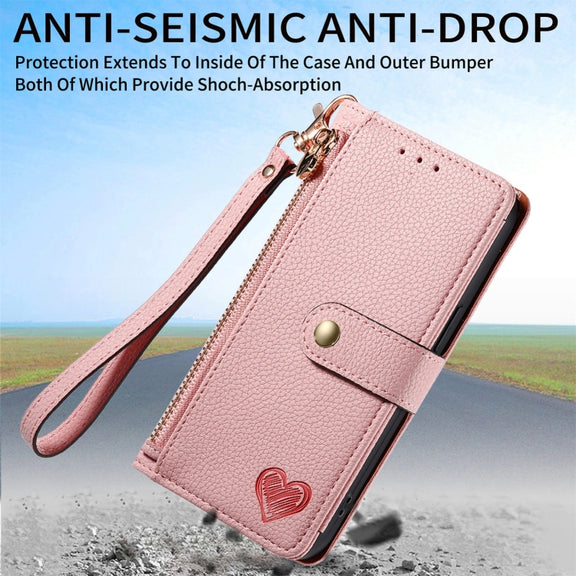For iPhone 16 Pro Max Love Zipper Lanyard Leather Phone Case(Pink)