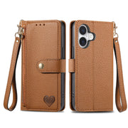 For iPhone 16 Pro Max Love Zipper Lanyard Leather Phone Case(Brown)