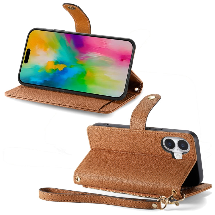 For iPhone 16 Pro Max Love Zipper Lanyard Leather Phone Case(Brown)