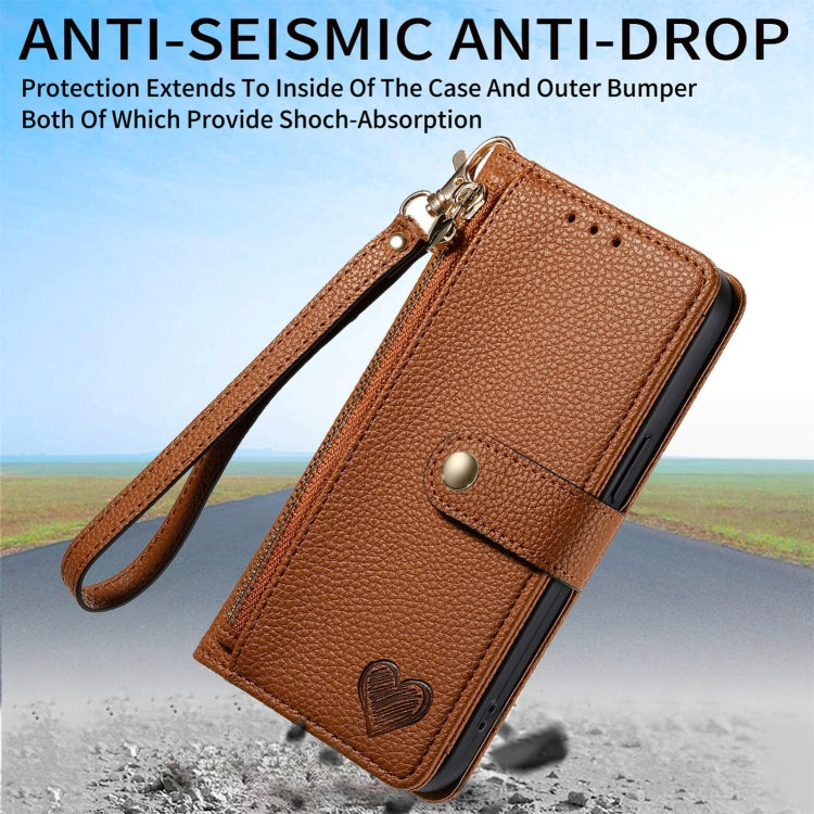 For iPhone 16 Pro Max Love Zipper Lanyard Leather Phone Case(Brown)