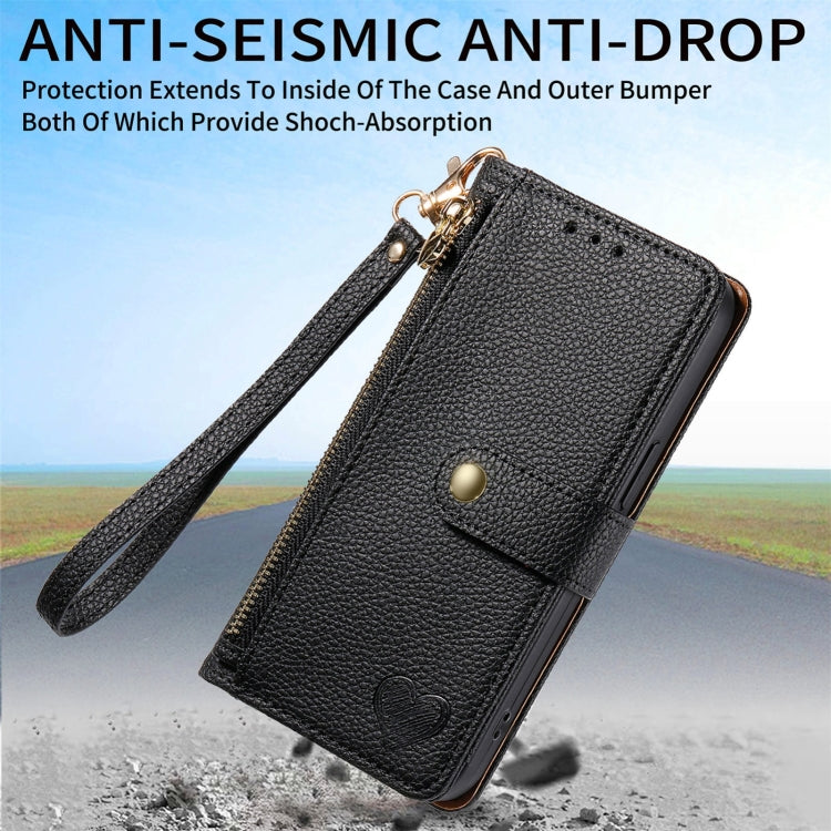 For iPhone 16 Pro Max Love Zipper Lanyard Leather Phone Case(Black)