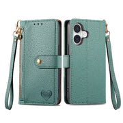 For iPhone 16 Pro Max Love Zipper Lanyard Leather Phone Case(Green)