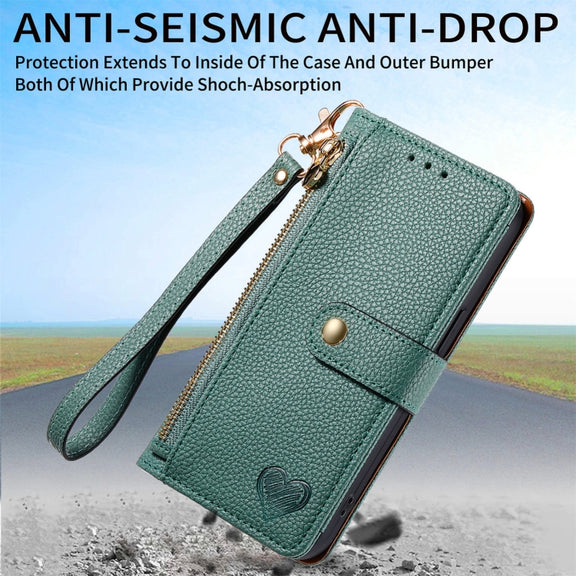 For iPhone 16 Pro Max Love Zipper Lanyard Leather Phone Case(Green)