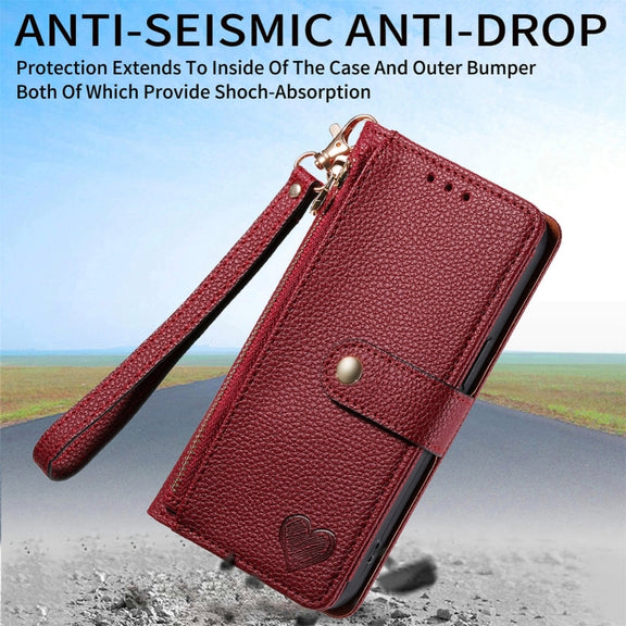 For iPhone 16 Pro Max Love Zipper Lanyard Leather Phone Case(Red)