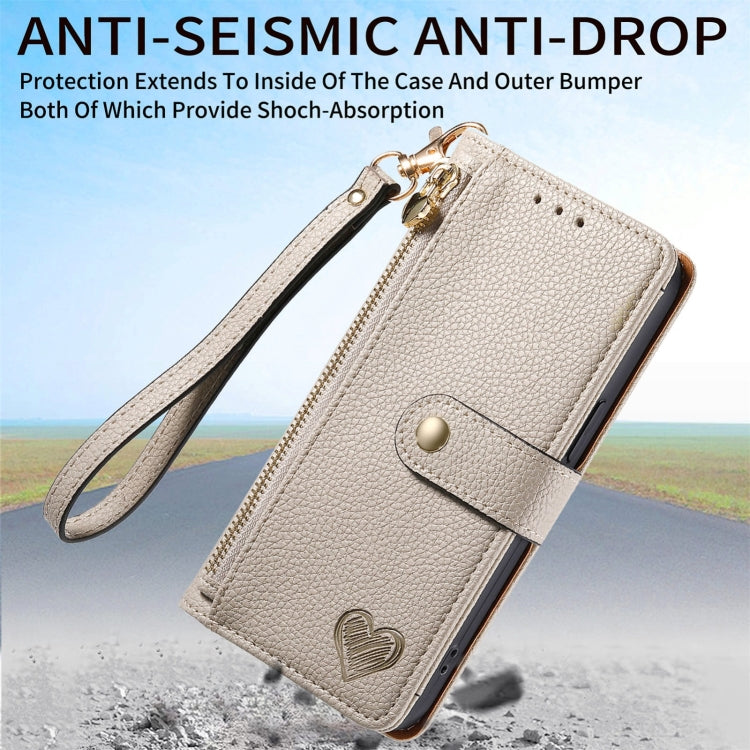 For iPhone 16 Pro Max Love Zipper Lanyard Leather Phone Case(Gray)