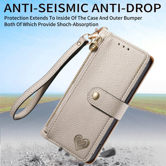 For iPhone 16 Pro Max Love Zipper Lanyard Leather Phone Case(Gray)
