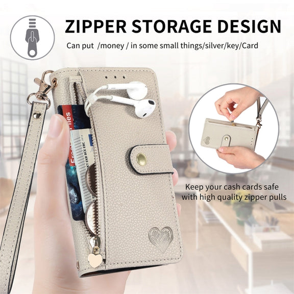 For iPhone 16 Pro Max Love Zipper Lanyard Leather Phone Case(Gray)
