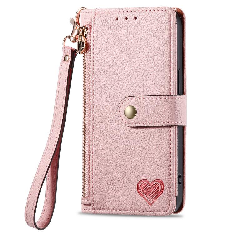 For iPhone 16e Love Zipper Lanyard Leather Phone Case(Pink)
