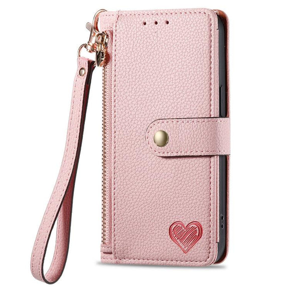 For iPhone 16e Love Zipper Lanyard Leather Phone Case(Pink)