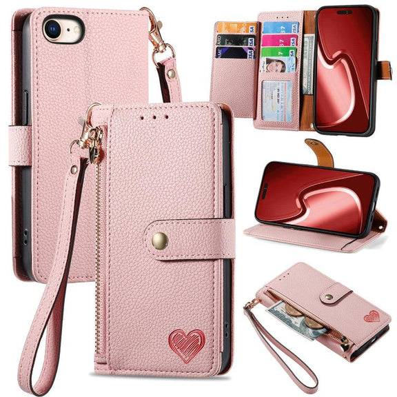 For iPhone 16e Love Zipper Lanyard Leather Phone Case(Pink)