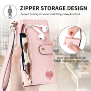 For iPhone 16e Love Zipper Lanyard Leather Phone Case(Pink)