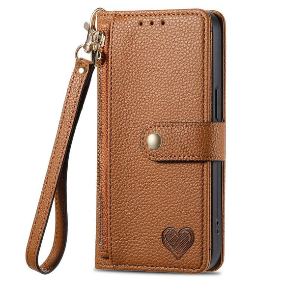 For iPhone 16e Love Zipper Lanyard Leather Phone Case(Brown)