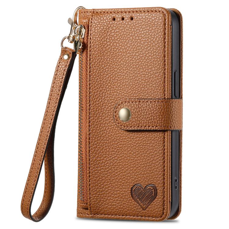 For iPhone 16e Love Zipper Lanyard Leather Phone Case(Brown)